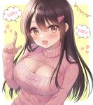  1girl :d blush breasts brown_eyes brown_hair cleavage cleavage_cutout clothing_cutout comiket_103 commentary_request hair_between_eyes hair_ornament hairclip hand_up heart highres long_hair long_sleeves looking_at_viewer meme_attire open-chest_sweater original pennant pink_sweater ribbed_sweater sato_ame sleeves_past_wrists smile solo string_of_flags sweater turtleneck turtleneck_sweater two-tone_background very_long_hair white_background yellow_background 