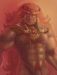  1boy abs arm_hair armor ash_dickens_(benzyart) bara bare_pectorals beard bottomless chest_hair circlet colored_skin cowboy_shot facial_hair fur-trimmed_armor fur_trim ganondorf gem gradient_background green_skin highres large_pectorals long_hair looking_at_viewer male_focus male_pubic_hair mature_male muscular muscular_male navel navel_hair nipples orange_hair pectorals penis_out_of_frame pointy_ears pubic_hair red_gemstone sharp_teeth shoulder_armor simple_background smile solo teeth the_legend_of_zelda thick_beard veins veiny_arms very_long_hair 