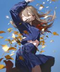  1girl arm_up autumn_leaves belly blonde_hair blue_background blue_jacket blue_skirt blue_sky breasts cowboy_shot ears eyebrows_visible_through_hair fajyobore falling_leaves floating_hair green_eyes highres jacket leaf long_hair long_sleeves one_eye_closed original outdoors pleated_skirt red_neckwear school_uniform simple_background skirt sky solo standing wind 