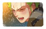  1boy bishounen blush coat earrings green_hair highres jewelry long_sideburns male_focus muscular muscular_male one_eye_closed one_piece open_mouth roronoa_zoro scar scar_across_eye scar_on_face short_hair sideburns solo terufong winter_clothes winter_coat 