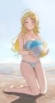  1girl ^_^ absurdres ahoge ball bare_legs bare_shoulders barefoot beach beachball bikini blonde_hair blue_sky blush breasts cleavage closed_eyes cloud collarbone day facing_viewer full_body hachimiya_meguru highres holding holding_ball holding_beachball idolmaster idolmaster_shiny_colors kneeling large_breasts long_hair looking_at_viewer navel ocean outdoors pdal_(pdalhhh) sky smile solo stomach strapless strapless_bikini swimsuit thighs very_long_hair white_bikini 