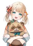  1girl absurdres animal blonde_hair blue_eyes hair_ornament highres holding holding_animal hololive japanese_clothes kazama_iroha kazama_iroha_(new_year) kimono orange_kimono pokobee tanuki totoro_(hirohero24) twintails virtual_youtuber white_background 