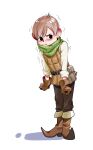  1boy :t aaanax_(lofter) armor belt belt_pouch blush brown_footwear brown_gloves brown_hair brown_pants chilchuck_tims chinese_commentary dungeon_meshi ear_blush full_body gloves green_scarf halfling highres leather_armor looking_at_viewer male_focus pants pointy_footwear pouch pout scarf shirt short_hair sideways_glance simple_background sleeves_rolled_up solo swept_bangs trembling white_background white_shirt 