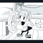  1girl animal_ears apron cat_ears commentary_request disney full_body greyscale innertube letterboxed lokulo-chan lokulo_no_mawashimono lowres monochrome original parody puckered_lips puffy_short_sleeves puffy_sleeves ship short_sleeves solid_oval_eyes solo steamboat_willie steering_wheel style_parody swim_ring twintails waist_apron watercraft 