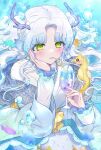 1girl absurdres bubble cup drinking drinking_straw fins fish food green_eyes hand_on_own_cheek hand_on_own_face head_fins highres holding holding_cup horns ice_cream ice_cream_float kakizato long_sleeves new_year original scales seahorse solo star_(symbol) two_side_up underwater white_hair 