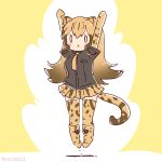  1girl animal_ears arms_up blonde_hair cheetah_ears cheetah_girl cheetah_print cheetah_tail coroha elbow_gloves extra_ears full_body gloves jumping kemono_friends kemono_friends_3 king_cheetah_(kemono_friends) long_hair looking_at_viewer necktie shirt shoes simple_background skirt solo tail thighhighs yellow_background 