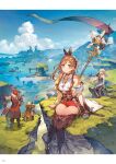  2boys 2girls atelier_(series) atelier_ryza atelier_ryza_3 blue_sky breasts brown_eyes brown_hair cloud cloudy_sky day hat highres klaudia_valentz lent_marslink multiple_boys multiple_girls official_art outdoors reisalin_stout shorts sky tao_mongarten thighhighs thighs toridamono 