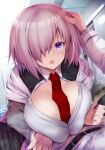  1boy 1girl asahi_(fullmetal_madness) blue_eyes breasts fate/grand_order fate_(series) hair_over_one_eye hand_on_another&#039;s_head hetero large_breasts looking_at_viewer mash_kyrielight necktie open_mouth paizuri pink_hair red_necktie short_hair 