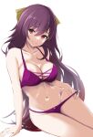  1girl absurdres arm_support bow bra breasts hair_bow highres honma_(honmatomohiro) kamikaze_(kancolle) kantai_collection large_breasts looking_at_viewer navel panties purple_bra purple_eyes purple_hair purple_panties sitting solo underwear underwear_only yellow_bow 