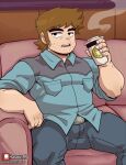 1boy absurdres arts_of_hasarath bara beard_stubble belt brown_hair couch cup denim feet_out_of_frame forked_eyebrows highres jeans jitome long_sideburns looking_at_viewer male_focus mug on_couch paid_reward_available pants pectorals scott_pilgrim_(series) scott_pilgrim_takes_off short_hair sideburns solo sparse_stubble spread_legs stephen_stills thick_eyebrows toned toned_male 