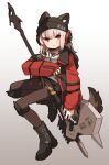  1girl amonitto animal_ears arknights beanie black_footwear black_headwear black_shorts boots brown_pantyhose closed_mouth coat ears_through_headwear frostleaf_(arknights) frown full_body gradient_background grey_hair grey_shirt halberd hat headphones holding holding_polearm holding_weapon knee_pads long_hair long_sleeves looking_at_viewer off_shoulder open_clothes open_coat oripathy_lesion_(arknights) pantyhose polearm red_coat shirt shorts solo tail weapon 