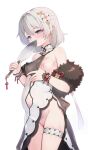  1girl bare_shoulders big_belly blue_eyes breasts censored clothing_aside commentary_request covering_mouth cowboy_shot dress dress_aside flower grey_hair hair_between_eyes hair_flower hair_ornament highres honkai_(series) honkai_impact_3rd lactation long_hair mosaic_censoring navel nipples outie_navel pregnant pussy simple_background small_breasts solo tama_(tamatamo) theresa_apocalypse thigh_strap white_background white_dress 
