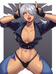  1girl abs absurdres angel_(kof) backless_pants blue_eyes bra breasts chaps cleavage crop_top cropped_jacket dark-skinned_female dark_skin fingerless_gloves gloves hair_over_one_eye highres horns_pose index_fingers_raised jacket large_breasts leather leather_jacket looking_at_viewer midriff muscular muscular_female navel open_mouth panties pants short_hair skullworms snk solo strapless strapless_bra the_king_of_fighters the_king_of_fighters_xiv toned tongue tongue_out underwear white_hair 
