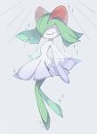  artist_name closed_eyes clothed_pokemon colored_skin commentary_request emphasis_lines green_hair highres iwasi_29 kirlia pokemon pokemon_(creature) see-through see-through_sleeves simple_background sparkle twitter_username white_background white_skin 