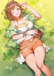  1girl atelier_(series) atelier_ryza atelier_ryza_3 bare_shoulders blush book braid breasts brown_eyes brown_hair bug butterfly buttons cleavage fingernails flower grass hair_ornament highres holding holding_book jewelry looking_at_viewer lying medium_breasts navel necklace official_art on_back on_grass one_eye_closed open_book open_clothes open_mouth orange_shorts outdoors reisalin_stout shiny_skin short_sleeves shorts simple_background solo stomach toridamono 