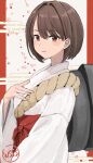  1girl artist_name brown_eyes brown_hair closed_mouth egasumi hair_between_eyes hakama hyuuga_(kancolle) japanese_clothes kantai_collection looking_at_viewer miko red_hakama rope shimenawa short_hair signature smile solo upper_body wss_(nicoseiga19993411) 