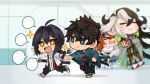  &gt;_&lt; ahoge ashiya_douman_(fate) black_hair blue_kimono blurry blurry_background braid brown_hair chibi fate/grand_order fate/samurai_remnant fate_(series) fujimaru_ritsuka_(female) hair_intakes hakama highres japanese_clothes katana kimono miyamoto_iori_(fate) multicolored_hair orange_hair running smile sparkling_eyes sword sword_on_back topknot two-tone_hair uirou_(yomogi_aji) weapon weapon_on_back white_hair yamato_takeru_(fate) 