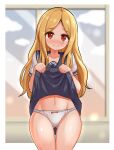  1girl ass_visible_through_thighs black_sailor_collar black_skirt blonde_hair blurry blurry_background blush bow bow_panties closed_mouth clothes_lift commentary commission cougar_(cougar1404) crotch_seam depth_of_field lifted_by_self long_bangs long_hair looking_at_viewer navel original panties pleated_skirt red_eyes sailor_collar school_uniform serafuku shirt short_sleeves skirt skirt_lift smile solo standing sweatdrop thigh_gap underwear white_panties white_shirt 