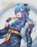  1girl 2024 absurdres blue_eyes blue_hair blue_kimono choker cowboy_shot fingerless_gloves fishnet_gloves fishnets gloves hand_fan happy_new_year highres hololive hoshimachi_suisei japanese_clothes kimono long_hair new_year revok solo tongue tongue_out 