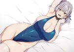  1girl armpits bangs blue_swimsuit braid breasts choker cleavage covered_navel elbow_gloves gin_mitsu gloves green_eyes groin highleg highleg_swimsuit highres hololive huge_breasts looking_at_viewer lying on_back one-piece_swimsuit open_mouth presenting_armpit shirogane_noel short_hair silver_hair smile solo swimsuit thighhighs virtual_youtuber white_gloves white_legwear 