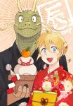  1boy 1girl 2024 black_kimono blonde_hair blue_eyes caiman_(dorohedoro) chinese_zodiac dorohedoro fangs floral_print_kimono food fruit hair_ornament happy_new_year highres japanese_clothes kimono leaf lizardman new_year nikaidou_(dorohedoro) open_mouth peq_1887 red_kimono sanbou smile year_of_the_dragon 