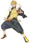  1boy absurdres belt black_choker black_jacket black_shorts blonde_hair bolt choker ebippoid full_body fur-trimmed_jacket fur_trim highres jacket jolteon looking_at_viewer open_clothes open_jacket personification pokemon shirt shoes short_hair shorts simple_background sneakers solo standing teeth white_background yellow_eyes yellow_footwear yellow_shirt 