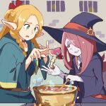  2girls belt blonde_hair bluearcadegames boiling bow braided_sidelock coat crossover dungeon_meshi green_eyes hair_bow hair_over_one_eye hat highres holding holding_mushroom little_witch_academia looking_at_another luna_nova_school_uniform marcille_donato multiple_girls mushroom pointy_ears purple_coat purple_hair purple_headwear red_bow red_eyes school_uniform sucy_manbavaran witch witch_hat 