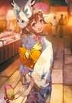  1girl arms_behind_back atelier_(series) atelier_ryza atelier_ryza_3 bag blurry blurry_background blush bracelet brown_eyes brown_hair fi_(atelier) fingernails floral_print hair_ornament hairclip highres holding japanese_clothes jewelry kimono looking_at_viewer looking_back mask mask_on_head medium_hair official_art open_mouth outdoors reisalin_stout smile teeth toridamono upper_teeth_only wide_sleeves x_hair_ornament 
