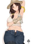  1girl absurdres arm_behind_head arm_up armpits artist_name blush breasts brown_hair check_commentary cleavage commentary commentary_request crop_top denim farmer gloves hat highres holding holding_towel large_breasts light_smile medium_hair midriff navel open_fly original pants plump shadow signature simple_background smile solo steam sweat sweaty_clothes tank_top towel unbuttoned underwear upper_body very_sweaty wet wet_clothes white_background white_tank_top wiping_sweat yellow_eyes yu-ting_rainplus 