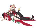 1girl absurdres alcohol armpits black_gloves blonde_hair character_request cigar copyright_request full_body glass gloves green_eyes hair_intakes highres holding holding_cigar midriff nori_tamahana rabbit_tail simple_background sitting solo tail white_background 