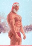  1boy abs bad_id bad_tumblr_id bara beard blue_eyes chest_hair christmas cowboy_shot dark-skinned_male dark_skin facial_hair full_beard hair_slicked_back hat jockstrap large_pectorals looking_at_viewer male_focus male_pubic_hair male_underwear mature_male merry_christmas navel navel_hair nipples original outdoors pectorals pubic_hair pubic_hair_peek randombaradude red_headwear red_male_underwear santa_claus santa_hat short_hair snow snowing solo thick_beard thick_mustache topless_male underwear white_hair winter 