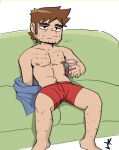  1boy bara beard_stubble brown_hair couch cup forked_eyebrows holding holding_cup jitome long_sideburns looking_ahead male_focus on_couch purah_pad_(artist) scott_pilgrim_(series) scott_pilgrim_takes_off shirt_partially_removed short_hair sideburns sitting solo sparse_chest_hair sparse_leg_hair sparse_navel_hair stephen_stills thick_eyebrows 
