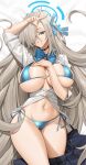  1girl asuna_(blue_archive) bikini black_bow black_bowtie black_choker black_skirt blue_archive blue_bikini blue_eyes bow bowtie breasts choker dakimakura_(medium) grey_hair hair_over_one_eye halo hand_on_own_chest highres large_breasts long_hair navel open_mouth partially_unbuttoned partially_undressed pleated_skirt shirt side-tie_bikini_bottom skirt solo swimsuit tony_guisado v very_long_hair white_shirt 