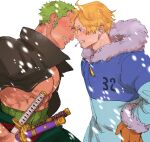  2boys blonde_hair cigarette coat curly_eyebrows earrings facial_hair fur_coat gloves green_hair hair_over_one_eye highres jewelry kzwtr8 male_focus multiple_boys one_piece open_mouth roronoa_zoro sanji_(one_piece) scar scar_on_chest short_hair smoking straw_hat_pirates tan teeth winter winter_clothes winter_coat zoro 