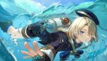  1boy air_bubble beret bishounen black_headwear blonde_hair blue_eyes boots bubble commentary day fish freckles freminet_(genshin_impact) genshin_impact hat highres jacket long_sleeves looking_at_viewer male_focus outdoors parted_lips shorts signature solo sparkle swimming underwater water wumumu 