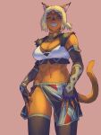  1girl absurdres adventurer_(ff11) animal_ears black_gloves blonde_hair blue_eyes breasts cat_ears cat_girl cat_tail circlet cleavage cowboy_shot dark-skinned_female dark_skin elbow_gloves fangs final_fantasy final_fantasy_xi fingerless_gloves fingernails gloves grin hands_on_own_thighs highres legs_apart loincloth medium_breasts mithra_(ff11) navel no_eyebrows one_eye_closed parted_bangs pink_background short_twintails simple_background smile solo standing tail tail_raised teeth twintails yuccoshi 