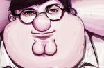  1boy arms_behind_head arms_up brown_hair cleft_chin closed_mouth collared_shirt commentary english_commentary family_guy fat fat_man glasses green_eyes highres josh_hutcherson_whistle_edit_(meme) kowai_(iamkowai) looking_at_viewer meme peter_griffin round_eyewear shirt short_hair solo very_short_hair white_shirt 