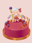  1girl ascot blonde_hair cake chibi collared_shirt devirock flandre_scarlet food fork frilled_shirt_collar frilled_skirt frills fruit full_body hair_between_eyes hat holding holding_fork long_hair mini_person minigirl mob_cap multicolored_wings one_side_up pink_background puffy_short_sleeves puffy_sleeves red_eyes red_skirt red_vest shirt short_sleeves simple_background skirt solo standing_on_object touhou vest white_headwear white_shirt wings yellow_ascot 