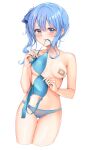  1girl absurdres bandaid bandaids_on_nipples blue_bow blue_bra blue_eyes blue_hair blue_panties blush bow bra bra_removed breasts cameltoe cowboy_shot cropped_legs hair_bow hatsanxp highres holding holding_bra holding_clothes holding_underwear hololive hoshimachi_suisei looking_at_viewer mouth_hold navel panties pasties short_hair side_ponytail simple_background small_breasts solo thigh_gap underwear white_background 