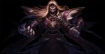  1boy armor bangs black_background black_dress blonde_hair chain collaboration commentary cowboy_shot dress glowing glowing_eyes holding holding_microphone karthus league_of_legends long_hair looking_at_viewer male_focus microphone official_alternate_costume open_mouth pentakill_(league_of_legends) pentakill_karthus shoulder_armor simple_background solo teeth vegacolors 