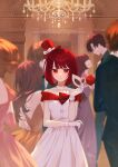  1girl 6+others absurdres arima_kana closed_mouth dress flower gloves hat highres looking_at_viewer medium_hair multiple_others oshi_no_ko red_eyes red_hair rose short_hair standing white_dress white_gloves xiang_yu_pai 