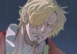  1boy blonde_hair cigarette crying crying_with_eyes_open curly_eyebrows facial_hair hair_over_one_eye highres male_focus one_piece rain sanji_(one_piece) smoking sweetdou3 tears 