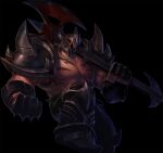  1boy armor axe black_gloves black_pants chain collaboration fingerless_gloves gloves glowing glowing_eyes guitar helm helmet holding holding_instrument instrument league_of_legends male_focus mordekaiser official_alternate_costume pants pentakill_(league_of_legends) pentakill_mordekaiser red_eyes shoulder_armor shoulder_spikes solo spikes tattoo vegacolors 