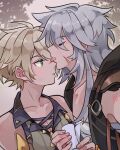  2boys bandaid bandaid_on_face bandaid_on_nose bennett_(genshin_impact) blonde_hair brown_hood closed_eyes closed_mouth earrings genshin_impact green_eyes grey_hair hair_between_eyes highres holding jewelry licking long_hair luciarielucia male_focus multiple_boys razor_(genshin_impact) scar scar_on_face short_hair tongue tongue_out yaoi 