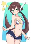  1girl absurdres aile_(mega_man_zx) bikini blush breasts brown_hair buzzlyears denim denim_shorts green_eyes highleg highleg_bikini highres long_hair looking_at_viewer medium_breasts mega_man_(series) mega_man_zx mega_man_zx_advent navel ponytail robot_ears shorts simple_background solo swimsuit 