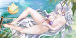  absurdres azur_lane barefoot bikini breasts choker cleavage feet floating hair_over_one_eye hammock hand_on_own_crotch high_ponytail highleg highleg_bikini highres huge_breasts innertube large_breasts legs long_hair looking_at_viewer manjuu_(azur_lane) mouth_hold multicolored_hair official_alternate_costume purple_bikini purple_choker purple_hair streaked_hair swim_ring swimsuit thighs toenails toes two-tone_bikini undone_bikini untied_bikini_top unzen_(azur_lane) unzen_(sojourn_through_clear_seas)_(azur_lane) wet yaomiaomiao 