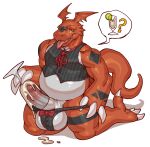 anthro balls bandai_namco biped bodily_fluids clothing cum digimon digimon_(species) erection genital_fluids genitals guilmon hi_res kneeling male penis red_body shadow simple_background solo white_background white_body zi_ran