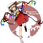  1girl ascot bad_link blonde_hair cha_kuro_(limo) character_name flandre_scarlet full_body hat hat_ribbon laevatein_(touhou) mob_cap open_mouth red_eyes red_ribbon red_skirt red_vest ribbon shirt side_ponytail skirt socks solo touhou unusually_open_eyes vest white_headwear white_shirt white_socks wings yellow_ascot 