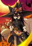  3girls absurdres animal animal_hat bat_(animal) belt black_dress black_eyes black_hair black_nails black_sclera bow bright_pupils brown_hair candy cat_girl cat_hat chlomaki_(wadanohara) clothes_lift colored_sclera colored_skin crescent_moon demon_girl demon_horns dj_met dress dress_lift duuuust_w earrings fang food funamusea gradient_sky grey_hair halloween hat hat_belt hat_bow hat_ornament hat_with_ears helmet highres holding holding_club holding_weapon horns jack-o&#039;-lantern jack-o&#039;-lantern_hat_ornament jewelry kurotsuno moon multiple_belts multiple_girls oounabara_to_wadanohara open_mouth orange_sky pointy_ears purple_sky skull_hat_ornament sky solo_focus striped striped_bow sutare_yume tombstone weapon white_pupils white_skin witch witch_hat yellow_eyes 