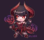  1girl black_hair blunt_bangs breasts character_name chest_tattoo chibi claws cleavage closed_mouth demon_horns demon_tail detached_sleeves eliza_(tekken) flower footwear_flower full_body grey_thighhighs horns kotorai looking_to_the_side red_eyes red_flower red_horns red_rose red_shirt red_tail rose shirt signature slit_pupils solo tail tattoo tekken thighhighs 